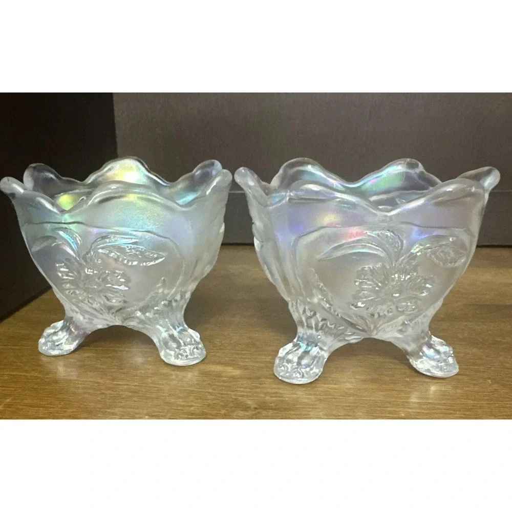 Pair Imperial Glass White Carnival Everglade 3 Footed Candleholders 3